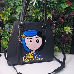 Black Coraline Graphic Tote Bag with Blue Accent